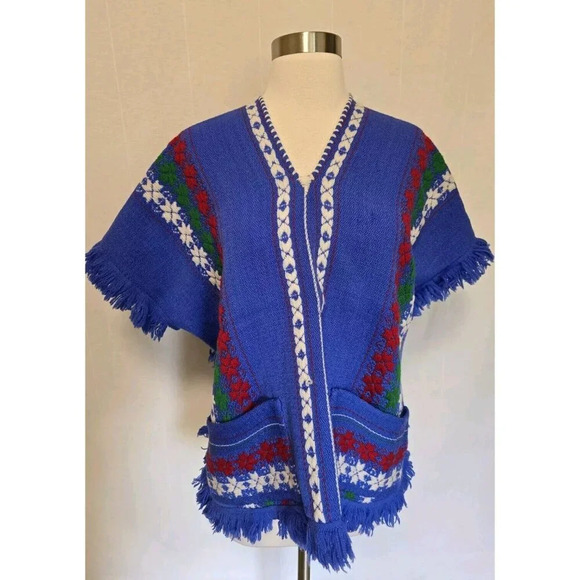 Vintage 60s 70s Artisan Hand Knit Southwestern Argentinian Poncho Bohemian Blue - Picture 9 of 9
